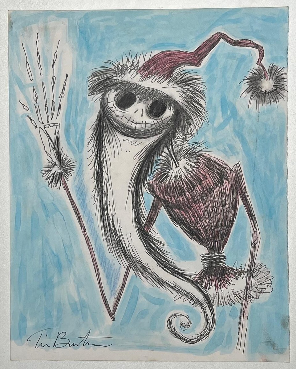 Tim Burton (Handmade) Drawing On old Paper Signed & Stamped Mixed
