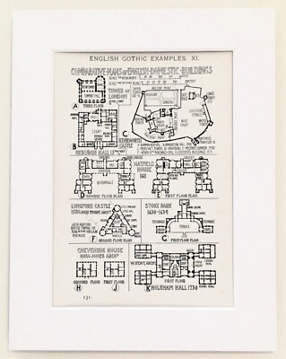 ENGLISH DOMESTIC GOTHIC ARCHITECTURE Print - 1905 Mounted Antique B&W Lithograph
