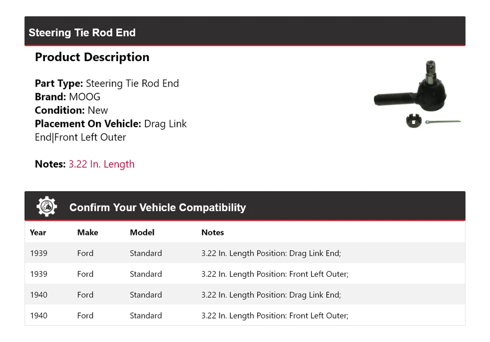 Extremo de barra de amarre de dirección estándar para Ford 1939-1940 MOOG Foto 2 de 4