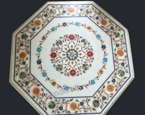 Semi Precious Stone Inlay Work Coffee Table Top White Marble Drawing Room Table