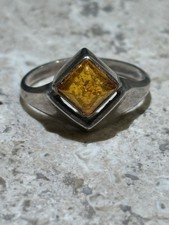 Vintage Sterling Silver and Baltic Honey Small Rectangle Amber Ring
