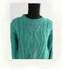 Vintage Womens Fisherman Sweater Green Mohair Blend Cable Knit Large NO SZ TAG