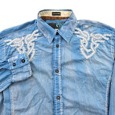 Roar Signature Men's Medium Blue Embroidered Long Sleeve Button Up Rio Shirt EUC