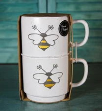 Set/2 Hand Painted Heartland Hive BEE Stackable Mugs Double Sided Ceramic Gift