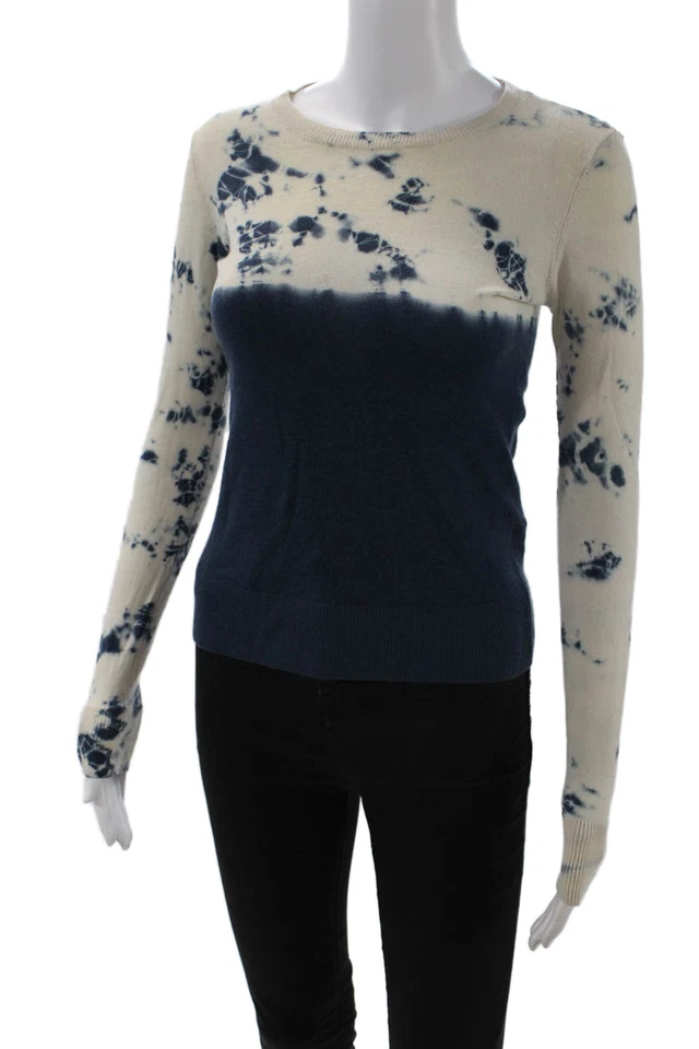 Minnie Rose Womens Cashmere Tie Dye Print Sweater White Blue Size Extra Small - Image 2 of 4