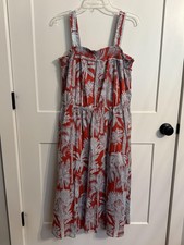 Talbots Dress Sz 14 Red Cotton Tropical Palm Smocked Fit & Flare Midi Sundress