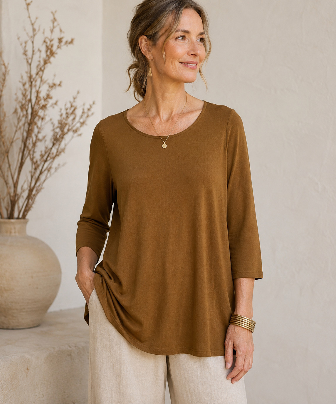 Women’s Eileen Fisher Brown Stretch Soft Knit Tunic Top Swing Minimalist L