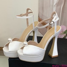 Design Pearl Peep Toe Buckle Strap Women Sandals Square High Heels Banquet Shoes