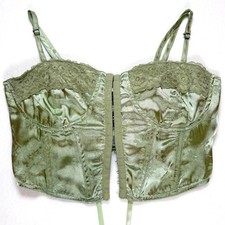 Y2K LA Hearts Green Satin Floral Lace Trim Corset Top Hook Eye Lace Up Back XS