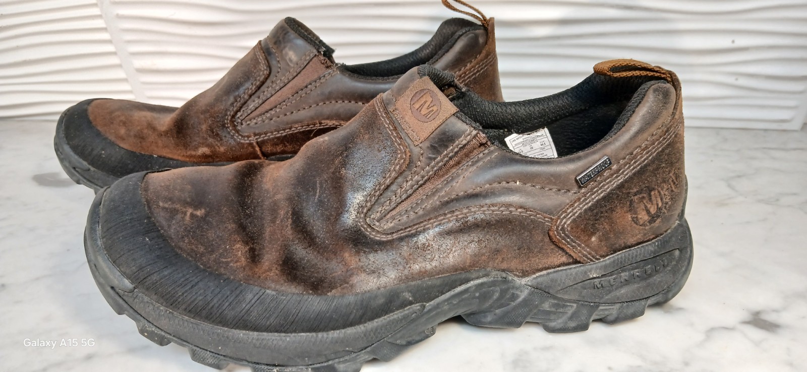 Vintage 2005 Merrell Uomo 10.5 Linz Marrone Terra Scuro Impermeabile Slip On Pelle