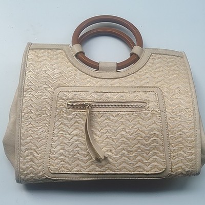 Moda Luxe Beige Satchel Top Handle Bag with Brown Handles and Zipper Accents