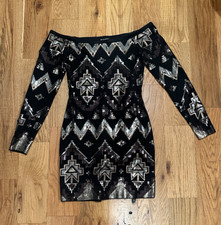 Vintage Express Black/Silver Sequin Geometric Off Shoulder Bodycon Mini Dress S