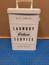 Deluxe Laundry Service Metal Bin White Storage Container Hamper Organizer Decor