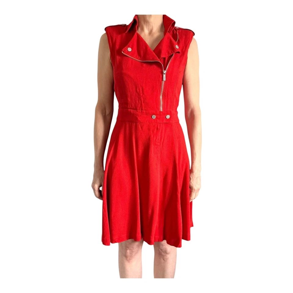 Karl Lagerfield Size FR 34 IT 38 XS Orange Red Crepe Sleeveless Moto Style Dress - image 4 of 4