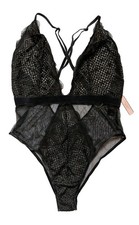 NWT Victoria's Secret Black Lace Velvet Trimmed Body Suit Lingerie, Large