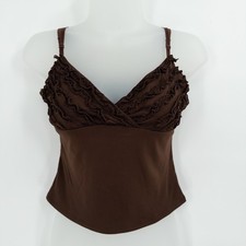Vintage Y2K Chocolate Brown Babydoll Cami Top Womens Med Fitted Stretchy Ruffle