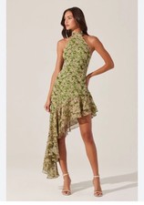 New ASTR THE LABEL Asymmetrical Ruffle Hem Halter Dress Green Floral Size S