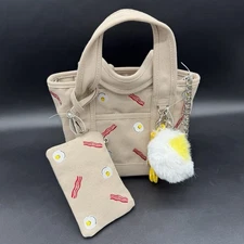 Madden Girl Taupe Bacon & Eggs Canvas Mini Tote Bag Egg Heart Charm Viral TikTok