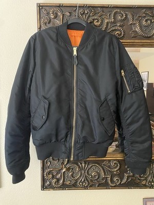 Alpha Black Bomber Jacket Men s Medium Short Orange Lining Zipper Pocket