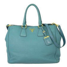 PRADA Leather 2way Tote Handbag Light Blue Gold