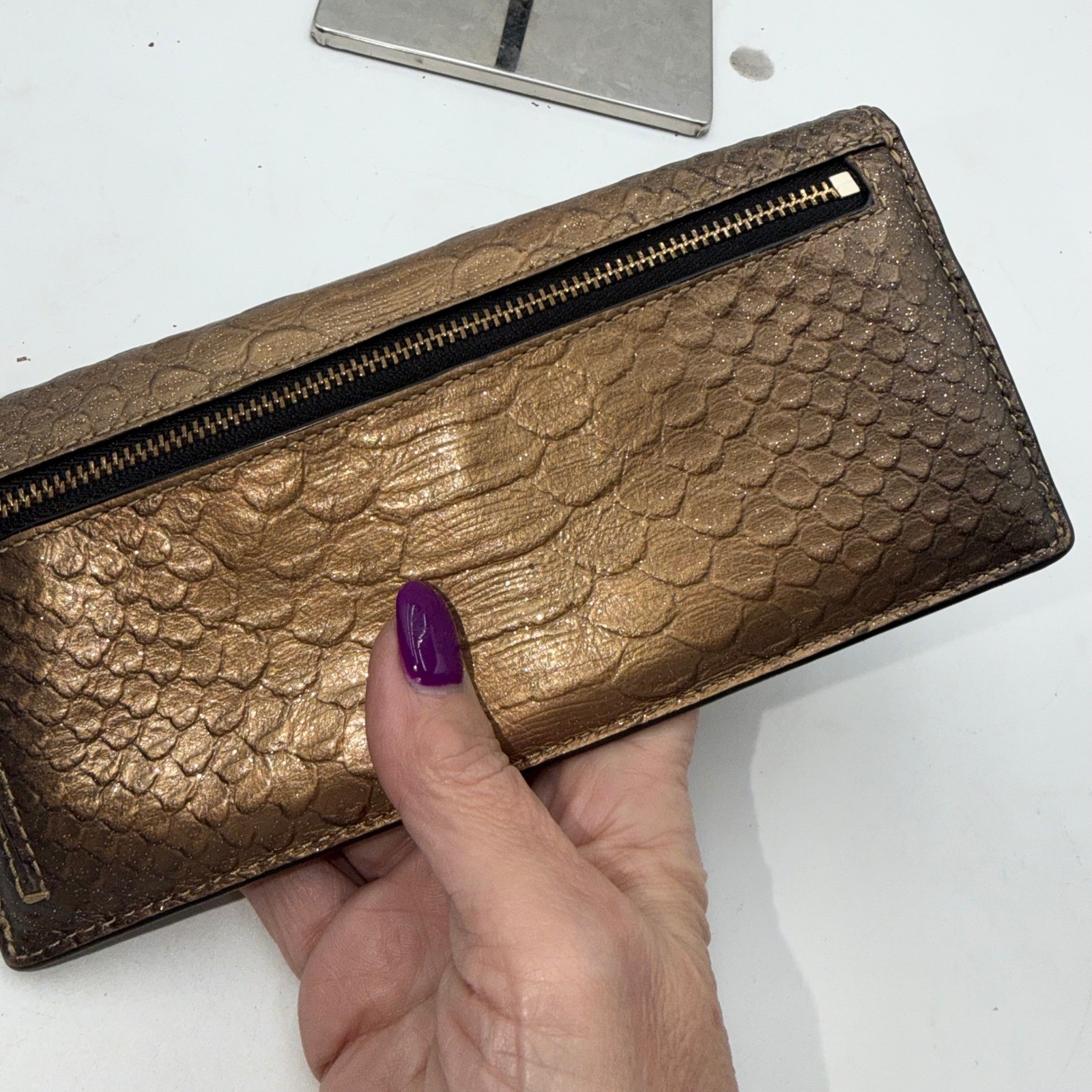 Coach Metallic Bronze Python Embossed Leather Sli… - image 10