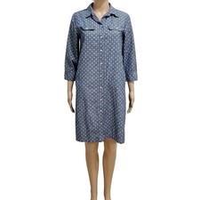 Talbots Polka Dot Chambray Button Down Shirt Dress Size 10P Coastal Denim