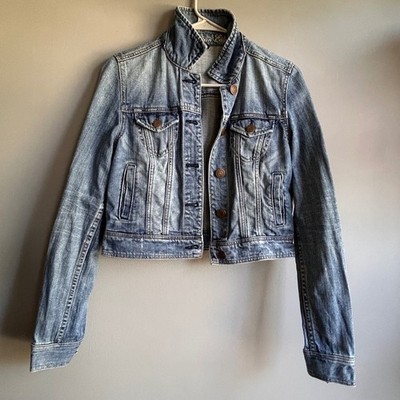 American Eagle Womens Cropped Denim Jacket Medium Wash Blue Cotton Size S