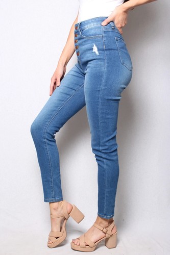 NWT~$89 Women's High Waist Med wash button front Distressed skinny jeans sz 5 - Picture 2 of 5