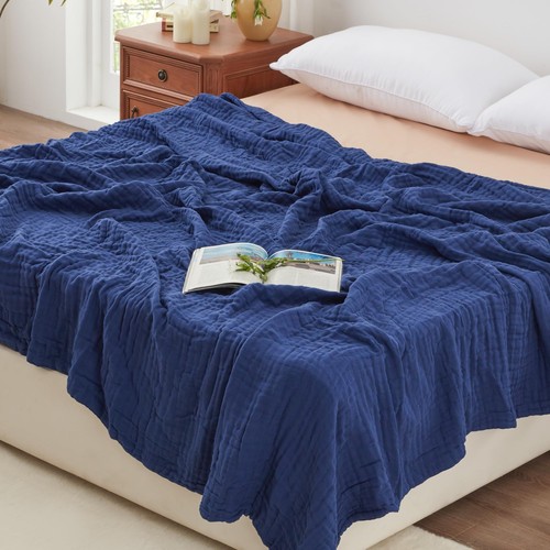 6 Layer 100% Cotton Muslin Blanket Navy Blue Queen Size 90"x90" Gauze