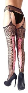 Cottelli LEGWEAR Straps-Strumpfhose - Netz-Strumpfhose, Schnürung, schwarz/pink