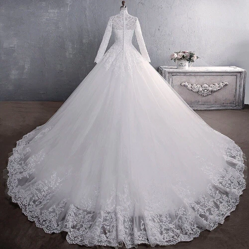 Bride Lace Wedding Dress Standing Collar Long Sleeve Trailing Bridal Frock Gown - Picture 3 of 9