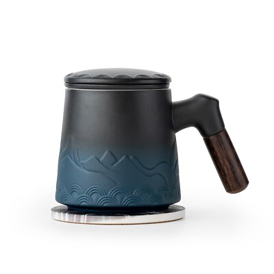 Ceramic Tea Cup with Infuser and Lid, 13.5oz Gradient Blue Tea Strainer Mug f...