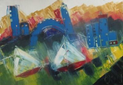abstrakte Stadt mit Schiffen 70x100cm Oel/LW  Kunstakademie Düsseldorf Kunst art