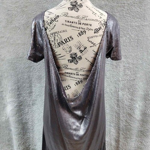Free People Shift Dress Women XS Silver Sequin Metallic Scoop Drape Back - Picture 4 of 16
