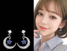 Unique Shiny Silver Rhodium Plated Blue CZ Moon Star Drop Earrings Gift Box PE18