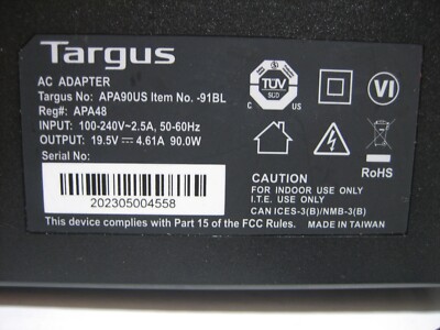 Targus Power Adapter Supply APA90US 91BL 19.5V 4.61A 90W