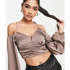 Topshop Balloon Sleeve Strappy Satin Crop Top Size 6