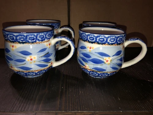 Lot of 4 Temptations Ovenware by Tara Blue Old World 12 oz Coffee Cup Mugs