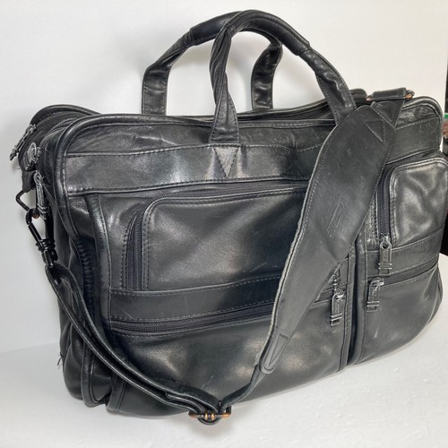 TUMI Black Leather Expandable Briefcase Large 17" Laptop Attache Classic - Picture 3 of 15