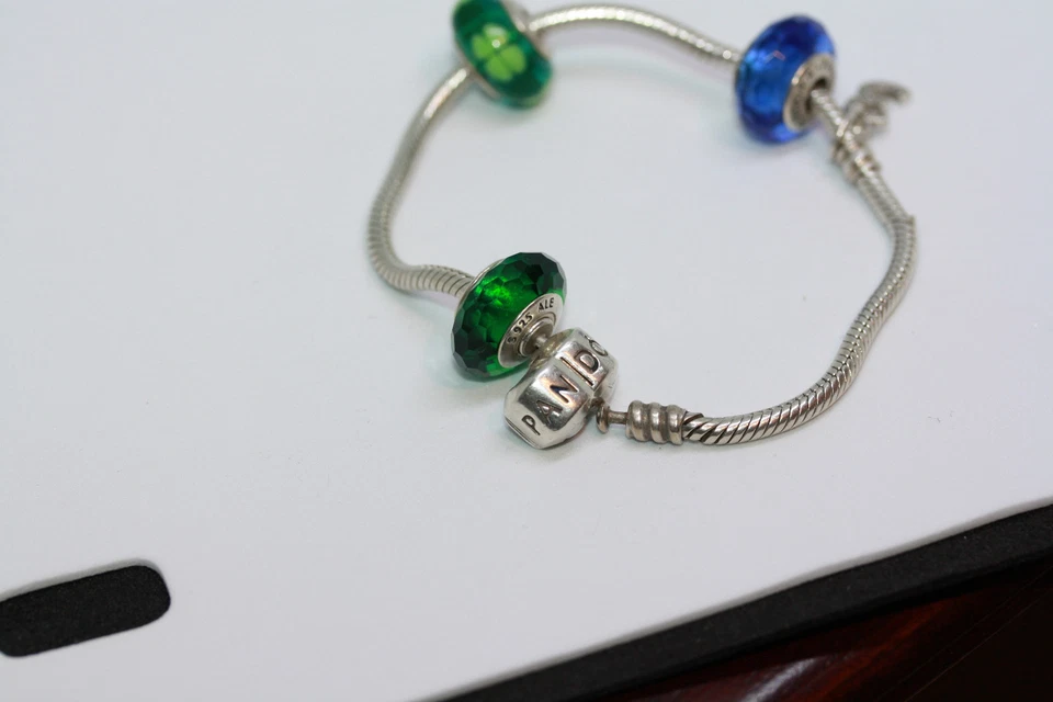 Pandora 925 Sterling Silver 4H 3 Blue Green Irish Charm Snake Chain 7" Bracelet  - Image 2 of 4