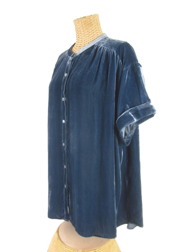 Chemise femme Sundance XL bleu acier manches courtes velours froncé rayonne soie - Photo 8/11