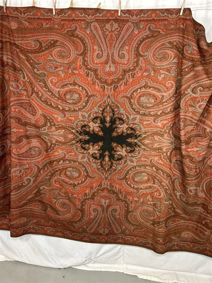 antique paisley woven wool large 65x133 black center hand made 19th c 1800s - Image 3 of 4