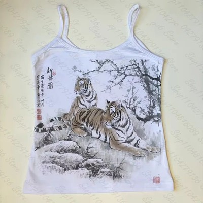 Tiger Japanese Cherry Blossom Graphic Crop Top  Cami Aesthetic Y2K Womens S-L