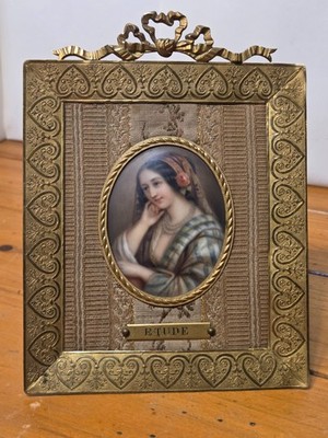 Antique French Hand-Painted Porcelain Miniature Portrait ''Etude'' in Ribbon Brass