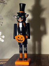 Halloween WITCH Black CAT NUTCRACKER 12" Wooden Decoration New Orange Hat