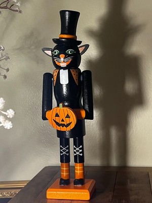 Halloween WITCH Black CAT NUTCRACKER~12'' Wooden Decoration~New*Orange Hat