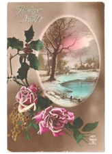 Ancienne Carte Postale De Noël Début 1900 Paysage D'Hiver Roses Houx Noël