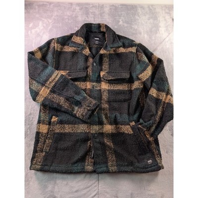 Vans Mens Loose Fit Plaid Fleece Shirt Jacket Black Green Tan Medium Shacket