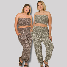 1X 2X 3X Leopard Animal Print Smocked Tube Top  Jogger Pants Set Beach Clubwear