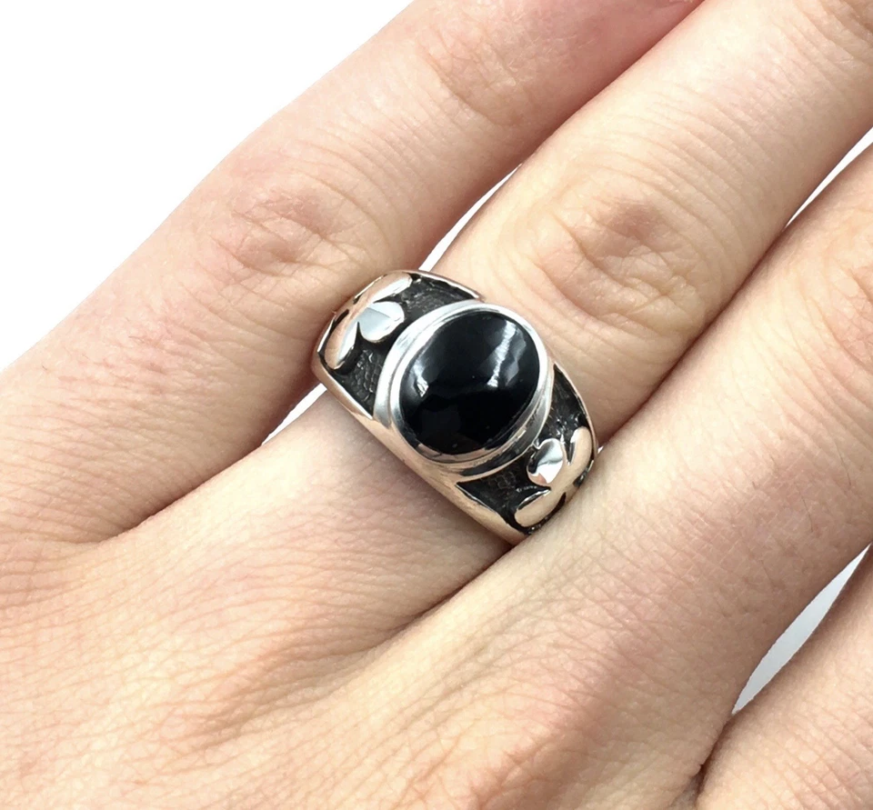 Anello a fascia in argento 925 onice nera da uomo anello gioiello poker... - Immagine 3 di 4